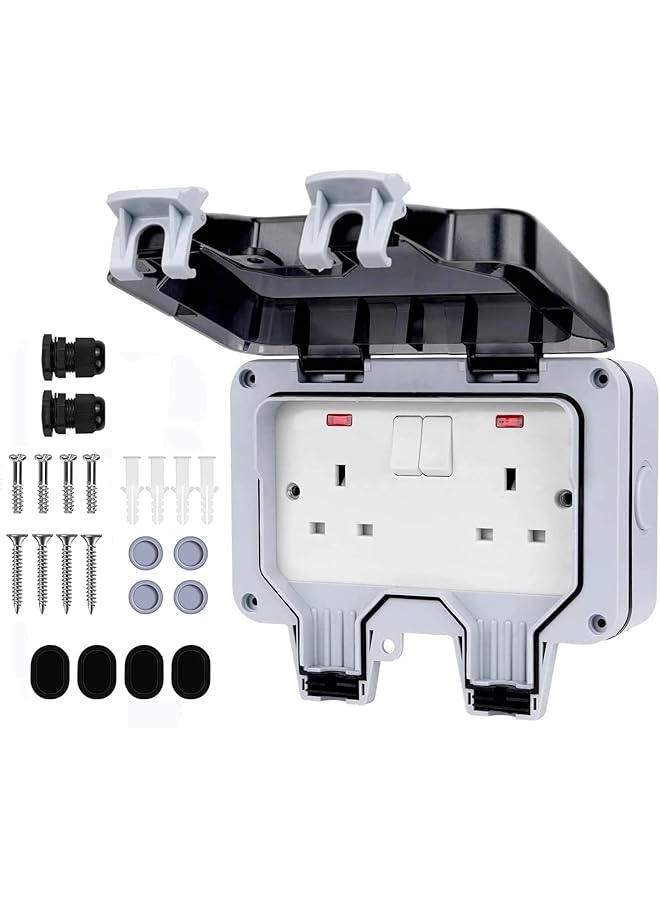 promass Outdoor Socket, IP66 Weatherproof Outdoor Switched Power Socket, Wall Electrical Outlets with Cover, Electrical Outlets Outside Use Plug Socket Box for Garden (Double) - Image 1