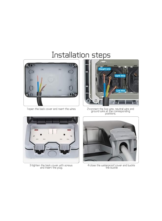 promass Outdoor Socket, IP66 Weatherproof Outdoor Switched Power Socket, Wall Electrical Outlets with Cover, Electrical Outlets Outside Use Plug Socket Box for Garden (Double) - Image 5