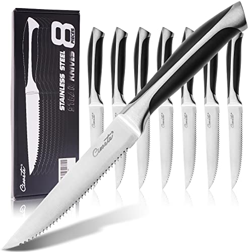 ciwete Serrated Steak Knives Set of 8 5 Inch Stainless Steel Steak Knife Set with Ergonomic Handles 8Piece Sharp Knives for Weekly Family Dinners Black