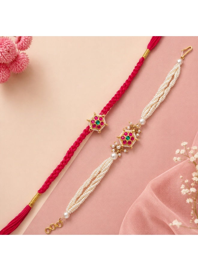 Bhaiya Bhabhi Rakhi Set - Jeweled Red Braided Brother Rakhi & White Pearl Sister-in-Law Lumba Rakhi