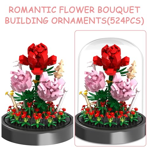 QIFUN Flower Bouquet Building Kit, 524 Pcs Mini Bricks Building Blocks Sets, Forever Rose Decorated Flower with Dust Cover, Valentine's Day Gifts for Her Mom Women (Rose Flower) - Image 2