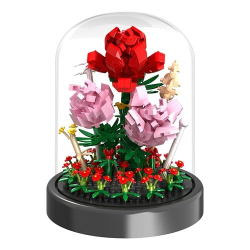 QIFUN Flower Bouquet Building Kit, 524 Pcs Mini Bricks Building Blocks Sets, Forever Rose Decorated Flower with Dust Cover, Valentine's Day Gifts for Her Mom Women (Rose Flower) - Image 1