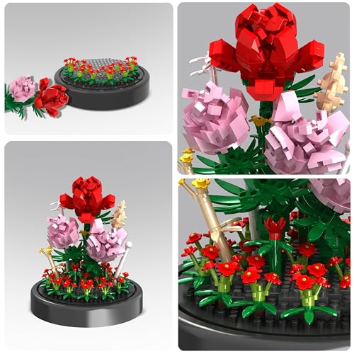 QIFUN Flower Bouquet Building Kit, 524 Pcs Mini Bricks Building Blocks Sets, Forever Rose Decorated Flower with Dust Cover, Valentine's Day Gifts for Her Mom Women (Rose Flower) - Image 3