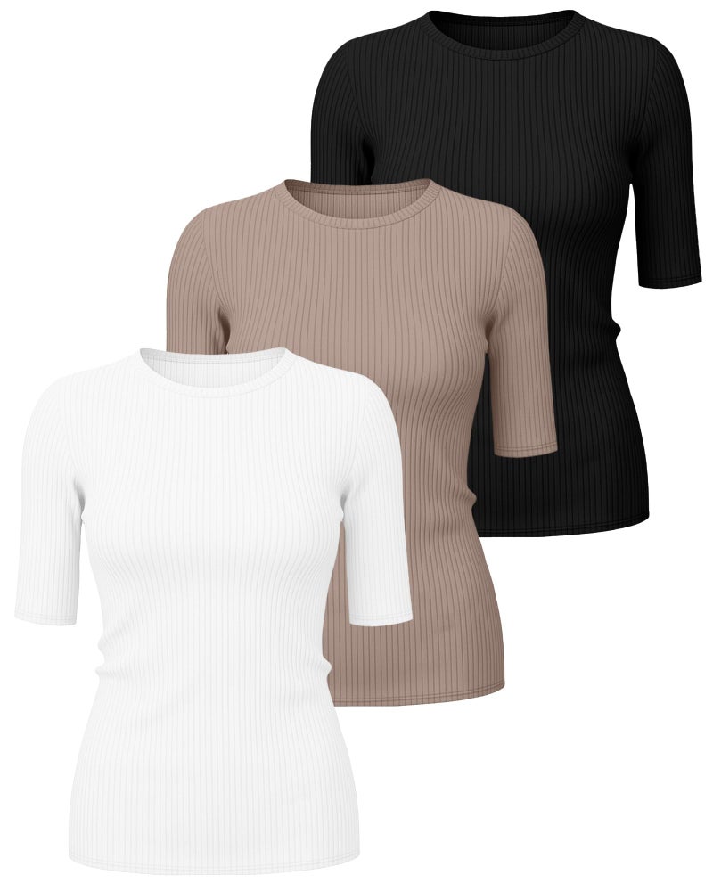 Riyiper 3 Pack Women's Elbow Length Tops, Half Sleeve Ribbed Cotton T Shirt Crew Neck Summer Tee Slim Fit Casual Blouses(Black, White, Khaki,Large) - Image 3