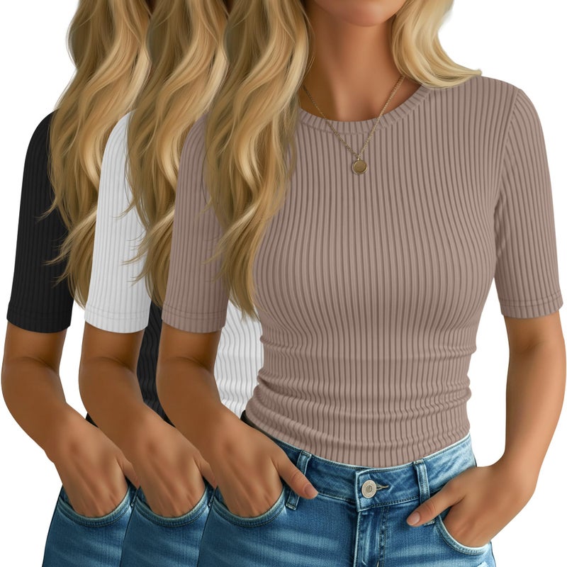 Riyiper 3 Pack Women's Elbow Length Tops, Half Sleeve Ribbed Cotton T Shirt Crew Neck Summer Tee Slim Fit Casual Blouses(Black, White, Khaki,Large) - Image 1