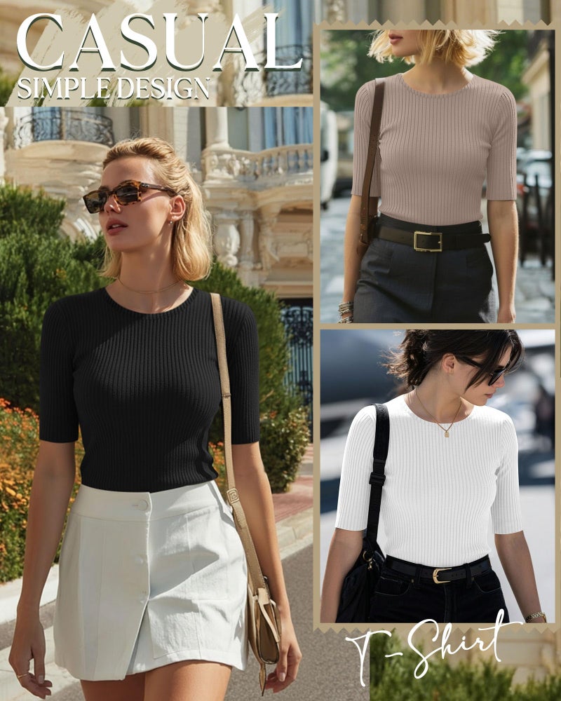 Riyiper 3 Pack Women's Elbow Length Tops, Half Sleeve Ribbed Cotton T Shirt Crew Neck Summer Tee Slim Fit Casual Blouses(Black, White, Khaki,Large) - Image 5