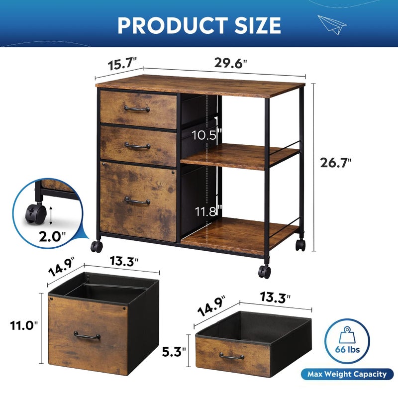 DEVAISE 3 Drawer Mobile File Cabinet, Rolling Printer Stand with Open Storage Shelf, Fabric Lateral Filing Cabinet fits A4 or Letter Size for Home Office, Rustic Brown Wood Grain Print - Image 5