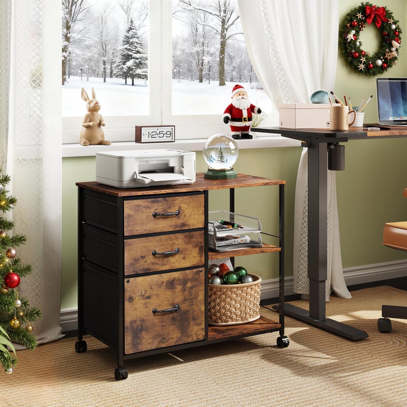 DEVAISE 3 Drawer Mobile File Cabinet, Rolling Printer Stand with Open Storage Shelf, Fabric Lateral Filing Cabinet fits A4 or Letter Size for Home Office, Rustic Brown Wood Grain Print - Image 2