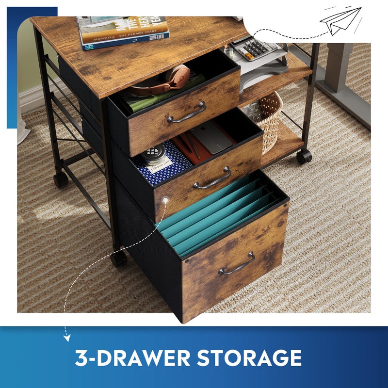 DEVAISE 3 Drawer Mobile File Cabinet, Rolling Printer Stand with Open Storage Shelf, Fabric Lateral Filing Cabinet fits A4 or Letter Size for Home Office, Rustic Brown Wood Grain Print - Image 3