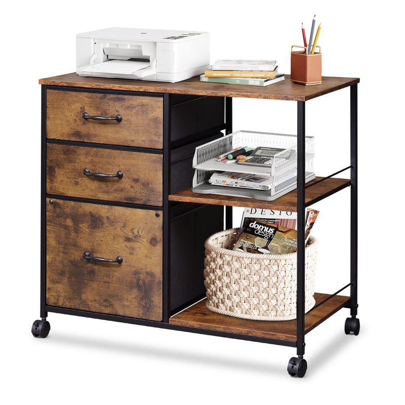 DEVAISE 3 Drawer Mobile File Cabinet, Rolling Printer Stand with Open Storage Shelf, Fabric Lateral Filing Cabinet fits A4 or Letter Size for Home Office, Rustic Brown Wood Grain Print - Image 1