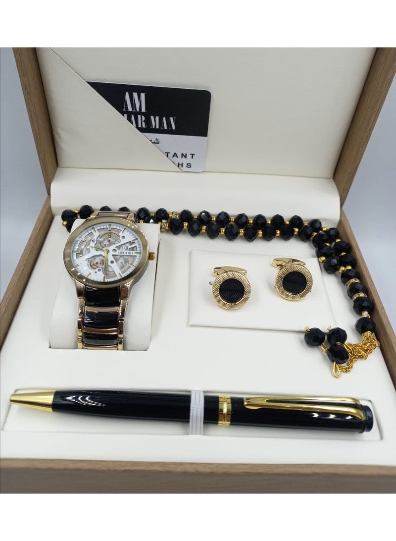 ANEMAR MAN A high-quality, elegant men's gift set including a watch, pen, prayer beads, cufflinks, and a gold bracelet with a white dial.