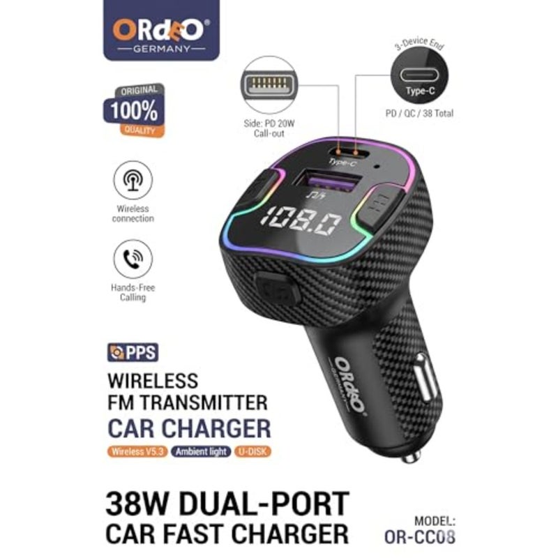 Car Charger Wireless FM Transmitter, Wireless Connection V5.3, Hands-Free Calling, PD 15W USB-A QC 15W Type-C Fast Charging, RGB Ambient Light, U-Disk Support - Image 2