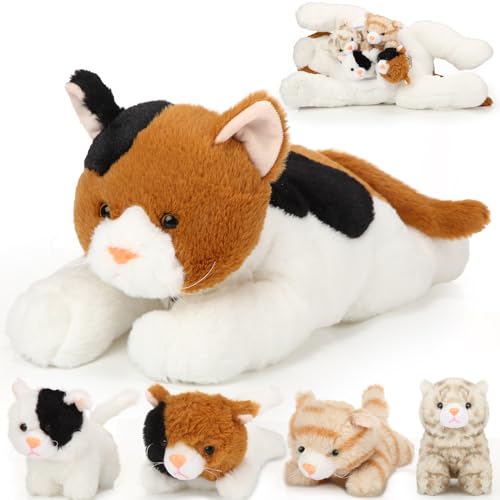Skylety 5 Pieces Cat Stuffed Animal with Babies Inside Belly Plush Cat Pregnant Mommy Kitty with 4 Cute Fluffy Stuffed Kittens Christmas Birthday Surprise GiftsOrange Black White - Image 1