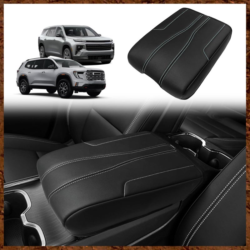 غطاء مسند الذراع لكونسول الوسط من موسلوجي متوافق مع 2024 2025 جي إم سي أكاديا شيفروليه تشيفي ترافيرس ملحقات جلد نباتي واقي مسند الذراع كونسول الوسط أسود مع خياطة بيضاء