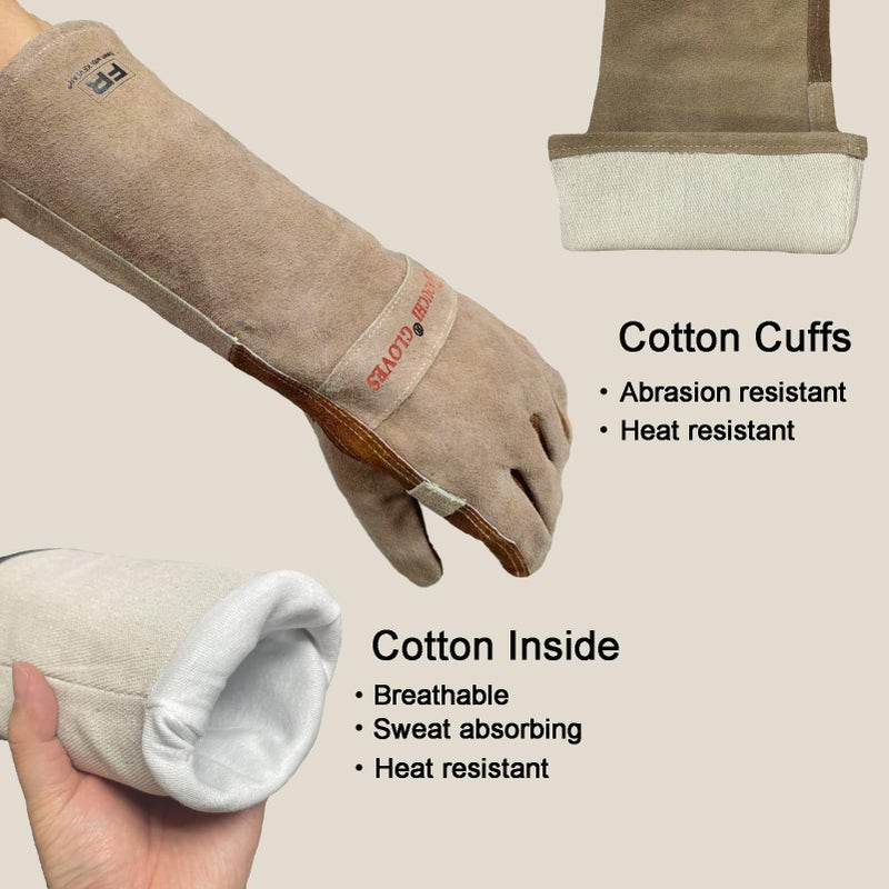 AOUCHI Leather Welding Gloves for Men, Long Sleeve Fireproof and Heat Resistant Mitts for Firefighting, Fireplace, Oven, Baking, BBQ, Stove, Pot Holder, Yark Work Thorn Proof (Coffee Large) - Image 2