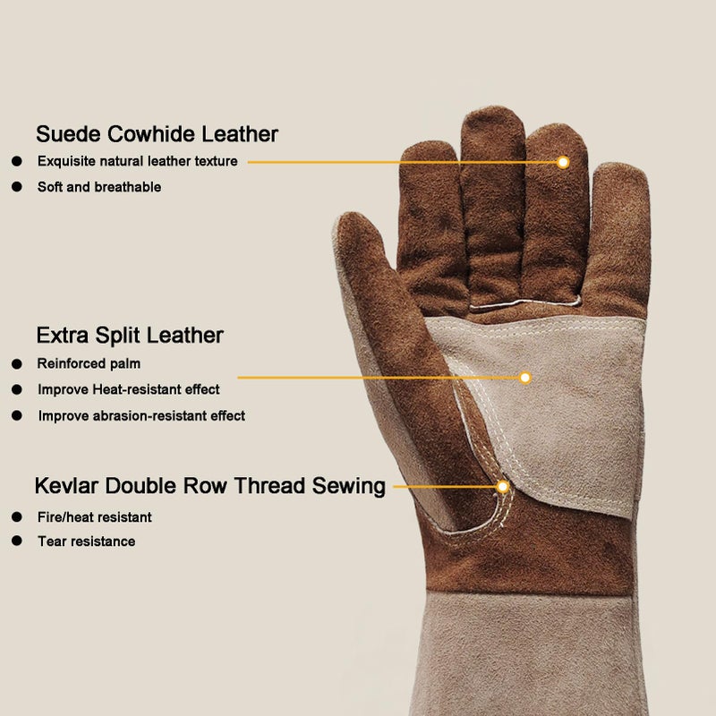 AOUCHI Leather Welding Gloves for Men, Long Sleeve Fireproof and Heat Resistant Mitts for Firefighting, Fireplace, Oven, Baking, BBQ, Stove, Pot Holder, Yark Work Thorn Proof (Coffee Large) - Image 3