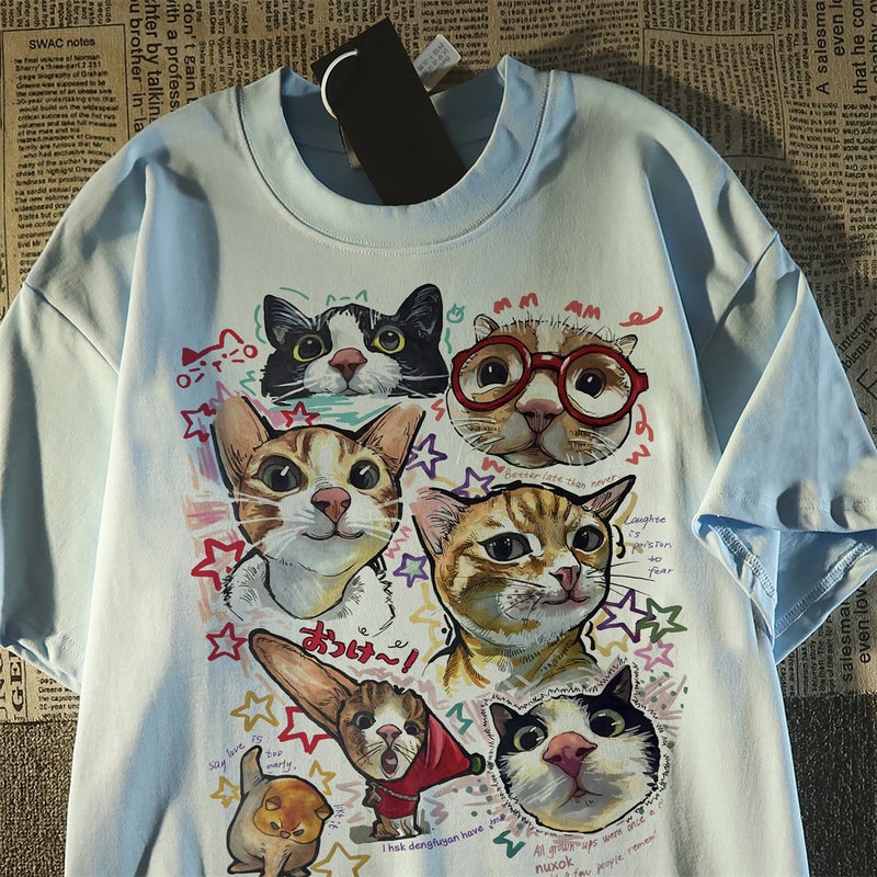 American sweet and cool cartoon cat print pure cotton short-sleeved t-shirt for women and men in summer 2025 new loose trendy top - Image 2