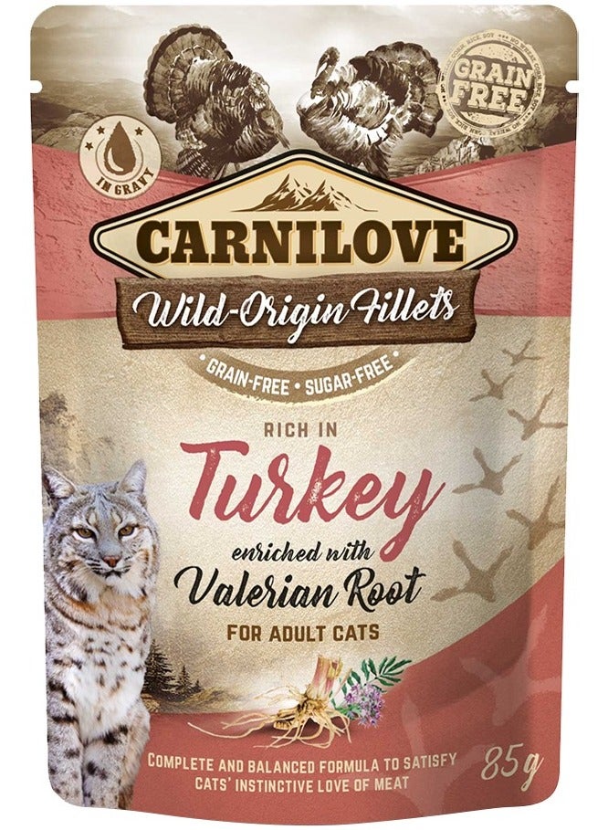 CARNILOVE Turkey enriched with Valerian Root for Adult Cats (Wet Food Pouches) 24x85g - Image 1