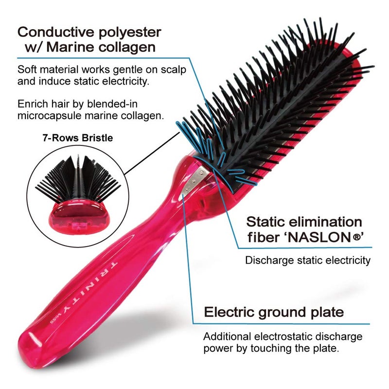 BS Anti Static Hairbrush [Made in Japan] 7 Row Curly Hair Brush for Styling, Blow-Drying, and Detangling, Static Free Hair Brushes for Women (Pink) - Image 2