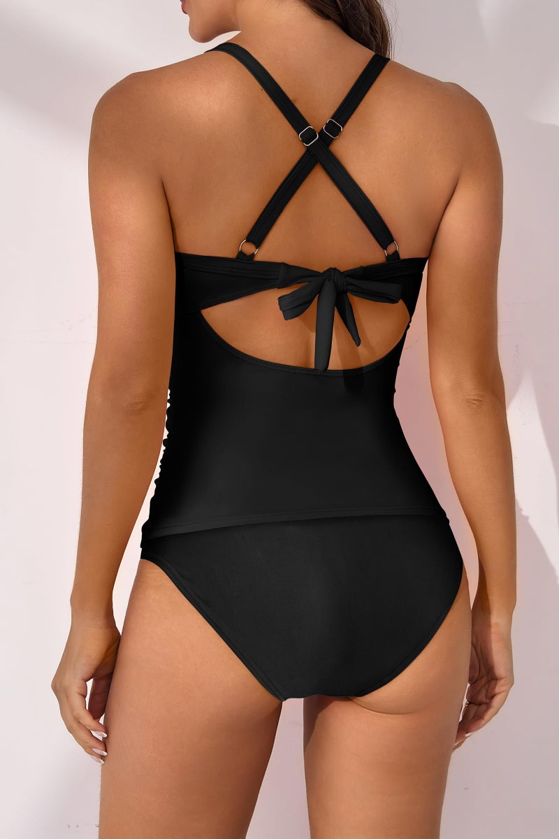 B2prity Women's Ruched Tankini Swimsuits V Neck Wrap Tie Back Two Pieces Bathing Suit Tummy Control Swimwear(Black) - Image 1