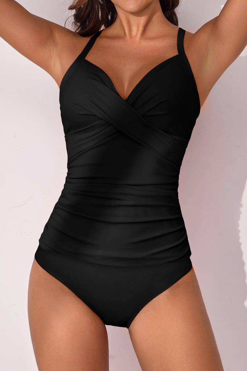 B2prity Women's Ruched Tankini Swimsuits V Neck Wrap Tie Back Two Pieces Bathing Suit Tummy Control Swimwear(Black) - Image 3