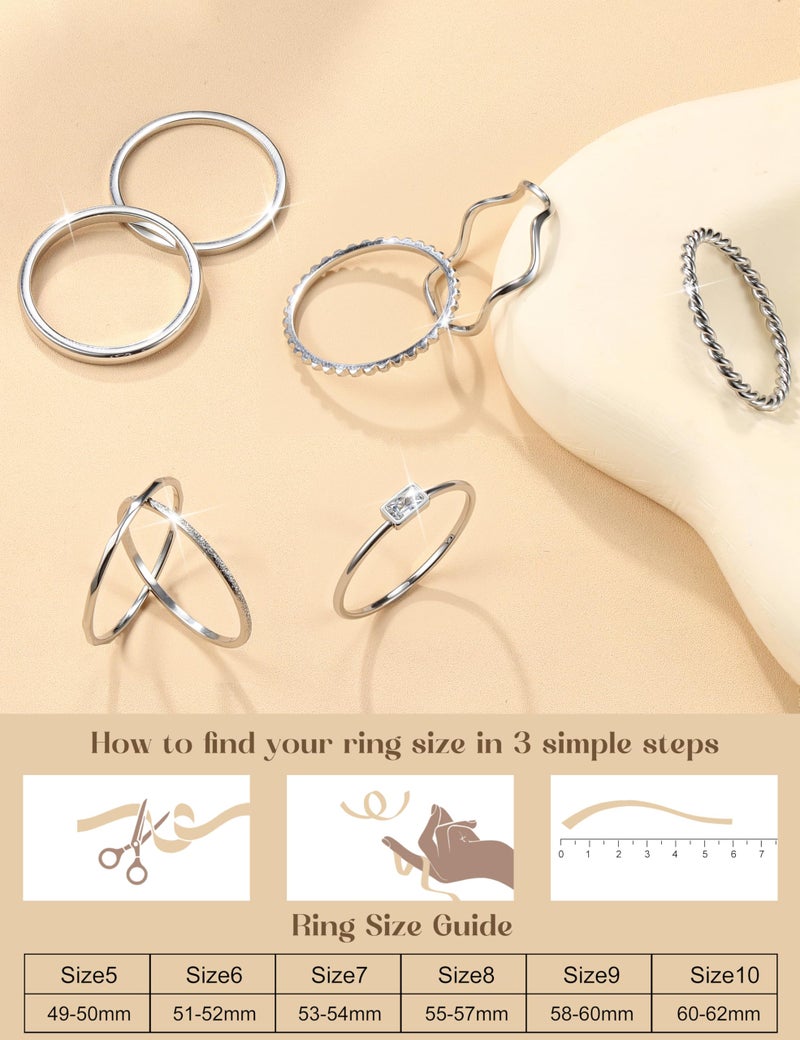 THUNARAZ 8Pcs Stackable Rings for Women Non Tarnish 14K Gold Plated Stainless Steel Dainty Rings Set Minimalist Thin Thumb Ring Cubic Zirconia Wave Statement Ring Bands for Women Silver Size 7 - Image 5