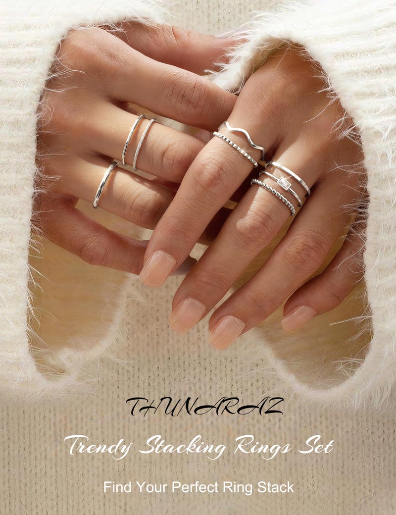 THUNARAZ 8Pcs Stackable Rings for Women Non Tarnish 14K Gold Plated Stainless Steel Dainty Rings Set Minimalist Thin Thumb Ring Cubic Zirconia Wave Statement Ring Bands for Women Silver Size 7 - Image 4