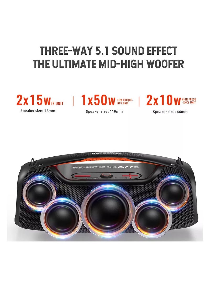 HOPESTAR A60 100W Portable Bluetooth Speaker – IPX6 Waterproof, High-Power 3-Way Audio, 15000mAh Battery, TWS Pairing & LED Lights, with Microphone & Shoulder Strap - Image 3