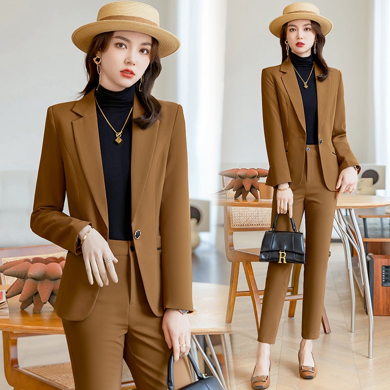 Factory direct business wear design sense small suit coat womens spring and autumn fashion temperament womens work clothes spot wholesale Caramel color suit + pants 