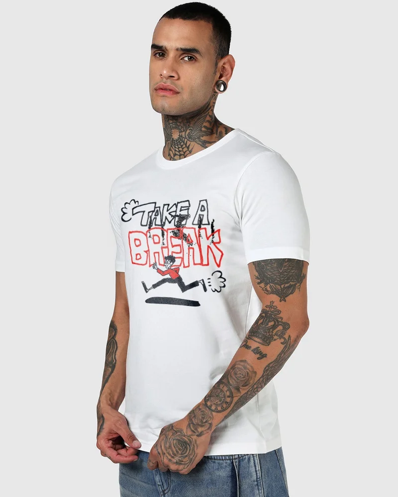 bewakoof Men's White Take A Break Graphic Printed T-shirt