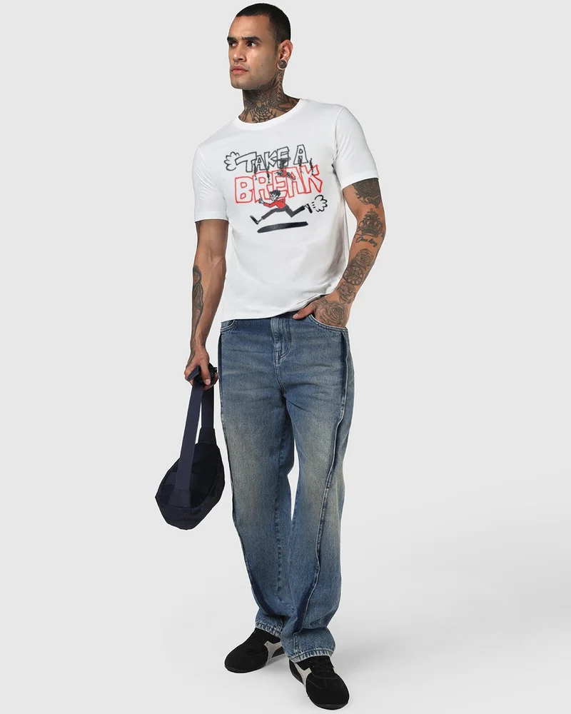 Men's White Take A Break Graphic Printed T-shirt