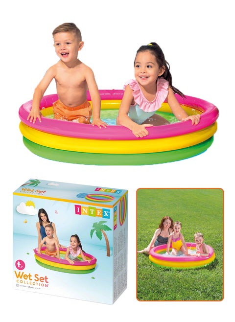 Intex 25cm x 114cm Round Pool Ideal for children aged 2+ years and above Designed with 3 brightly colored rings and a convenient inflatable floor, it can be easily set up in your home garden to provide lots of fun