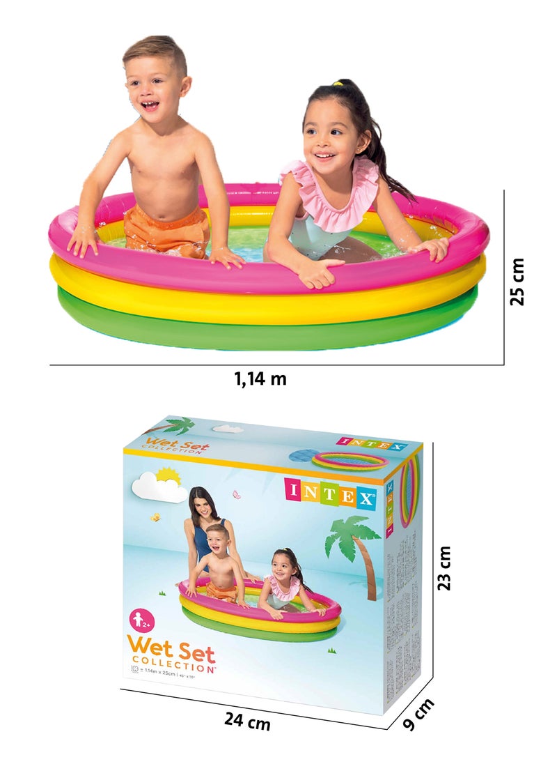 Intex 25cm x 114cm Round Pool Ideal for children aged 2+ years and above Designed with 3 brightly colored rings and a convenient inflatable floor, it can be easily set up in your home garden to provide lots of fun