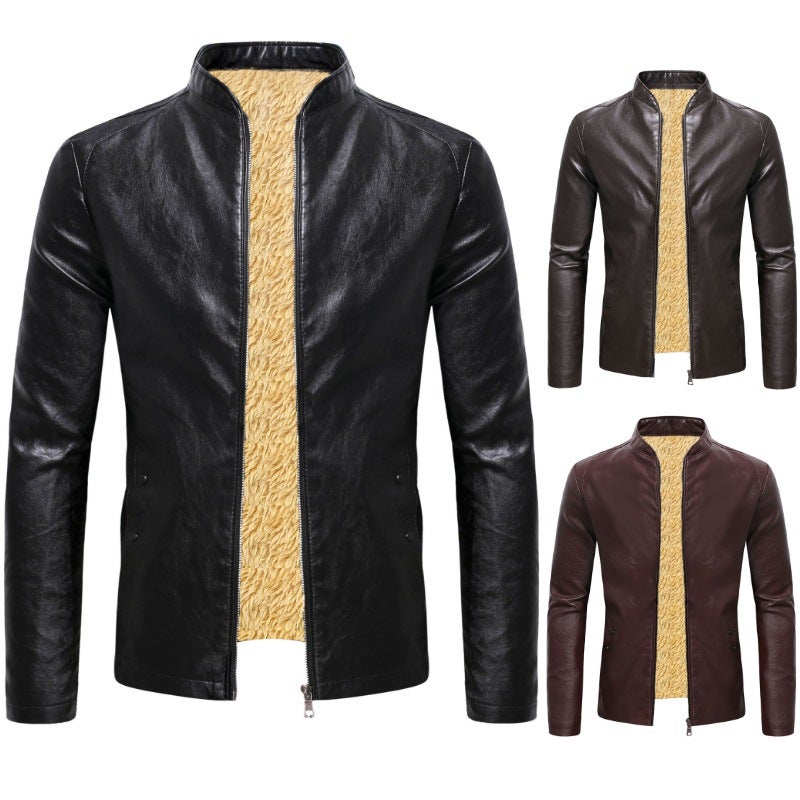 Men'S Jacket 2022 Spring New Bike Men'S Casual Collar Fleece Leather Fashion Jacket - Image 2