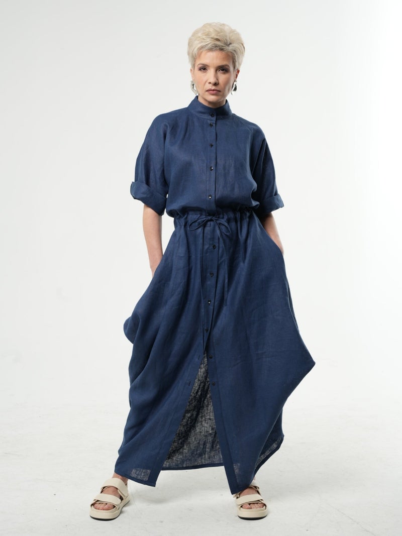 Metamorphoza Long Linen Shirt Dress In Blue - Image 1