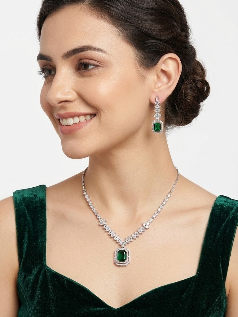 Viny Elegant American Diamond & Emerald Green Imitation Necklace Set for Women - Perfect for Parties, Weddings, & Festivals (Diwali, Eid) - Image 2