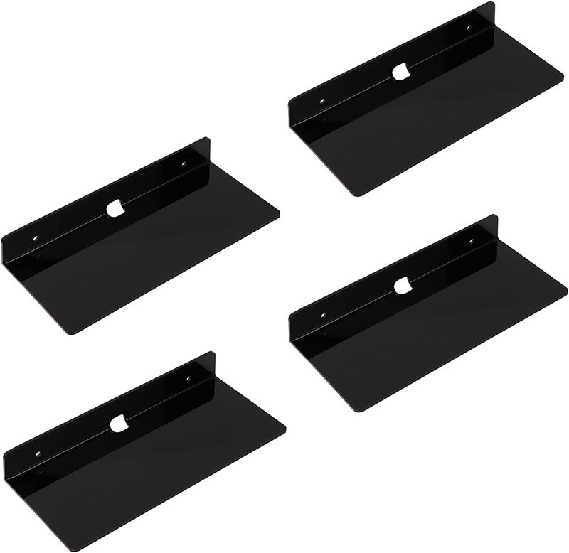 IEEK 4 PCS Small Acrylic Floating Wall Shelves,9 Inch Adhesive Display Shelf for Nintendo Switch/Smart Speaker/Security Cameras/Action Figures,No Damage Expand Wall Space,Black - Image 1