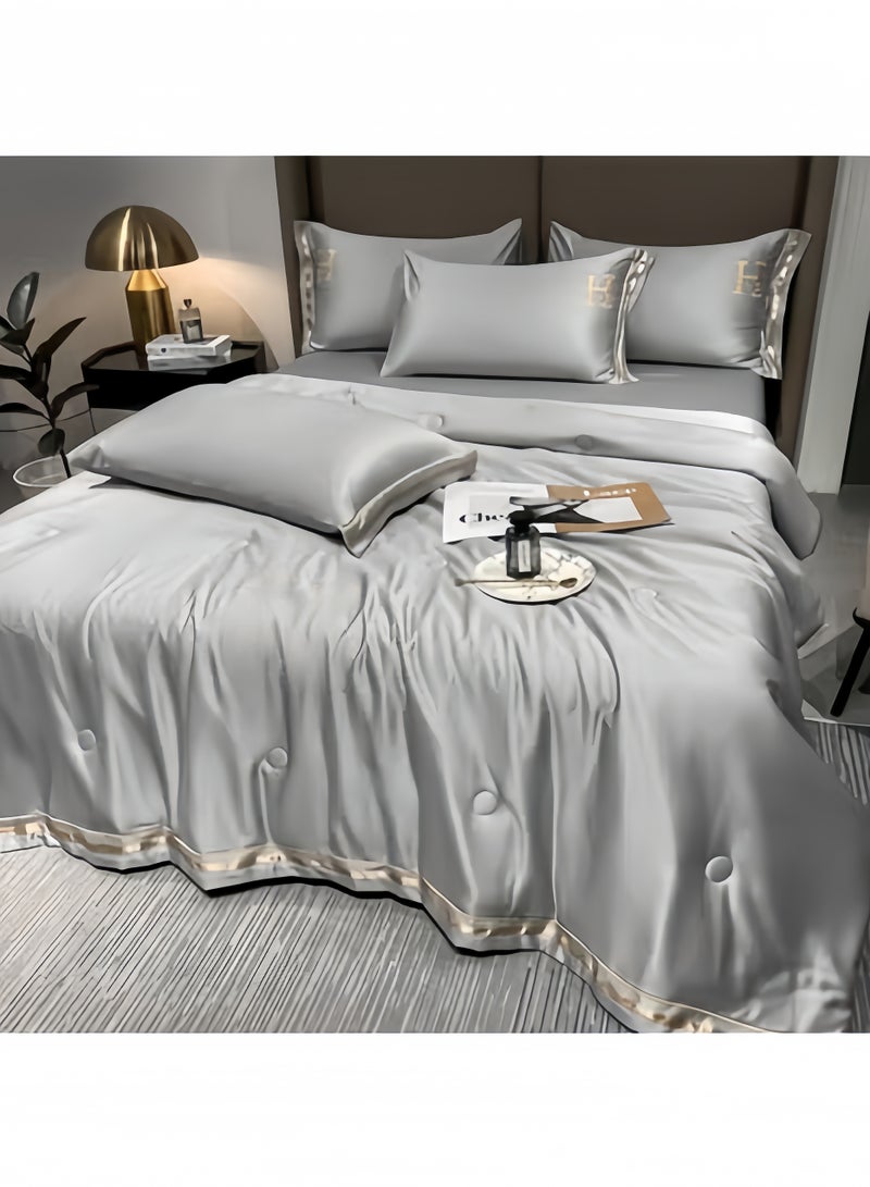 CCOVERY Satin Bed Sheets Soft 4Pcs Sheet Set Cooling Silk Bedding Set with Deep Pocket Fitted Sheet Quilt Cover and Pillowcase Grey 200*230cm - Image 1