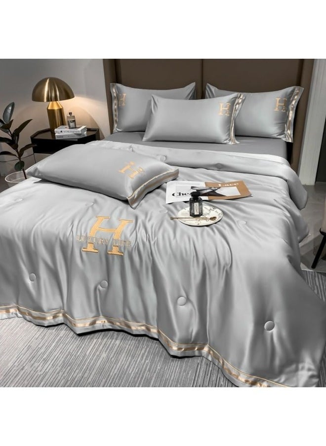 CCOVERY - Satin Bed Sheets Soft 4Pcs Sheet Set Cooling Silk Bedding Set with Deep Pocket Fitted Sheet Quilt Cover and Pillowcase Grey - Image 1