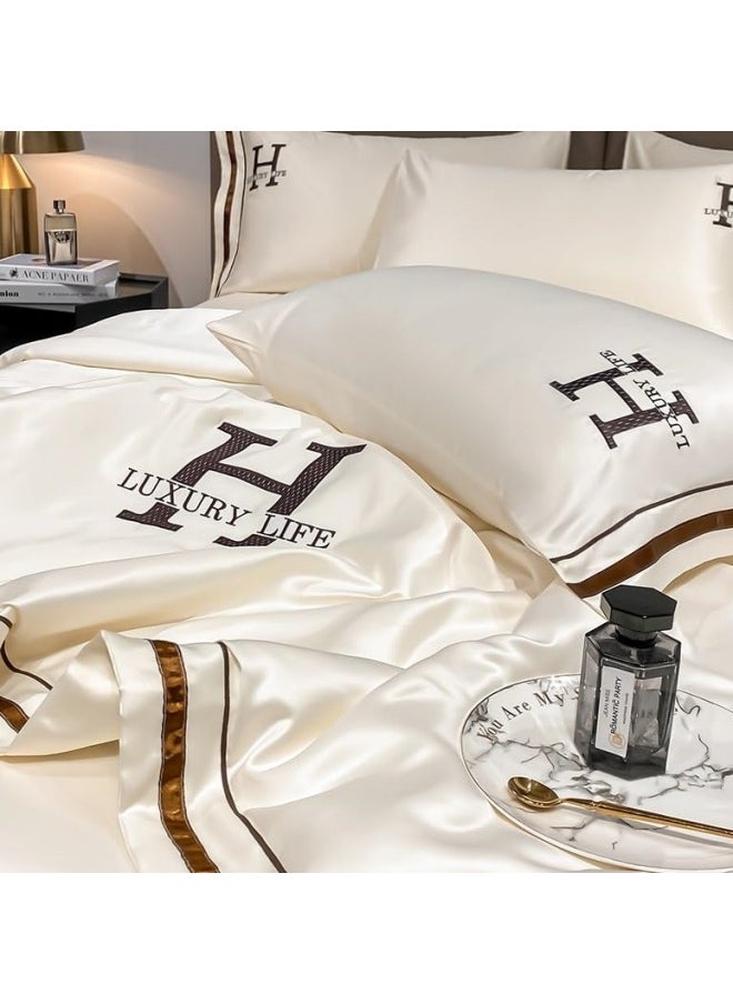 CCOVERY - Satin Bed Sheets Soft 4Pcs Sheet Set Cooling Silk Bedding Set with Deep Pocket Fitted Sheet Quilt Cover and Pillowcase Grey - Image 1