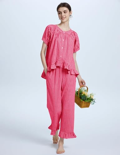 Flygo Womens Plaid 2 Piece Pajamas Sets Gingham Button Down Puff Sleeve Babydoll Shirt Ruffle Pants Y2K Pjs Lounge SetWineM - Image 3