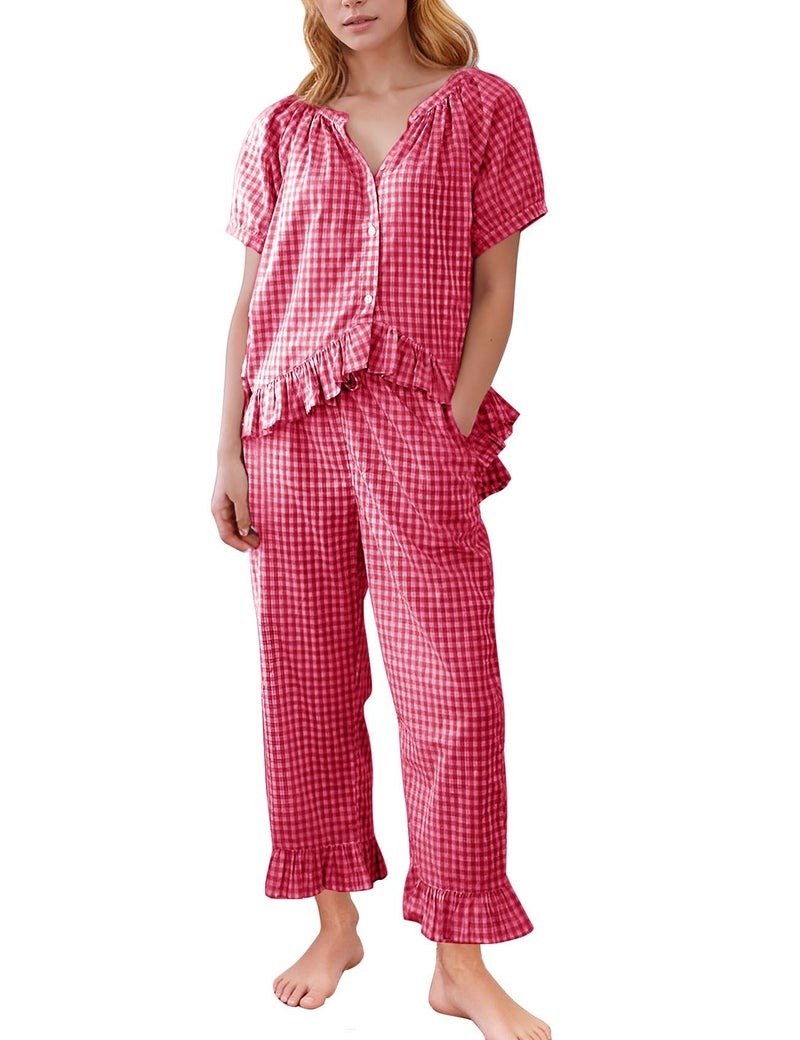 Flygo Womens Plaid 2 Piece Pajamas Sets Gingham Button Down Puff Sleeve Babydoll Shirt Ruffle Pants Y2K Pjs Lounge SetWineM - Image 2