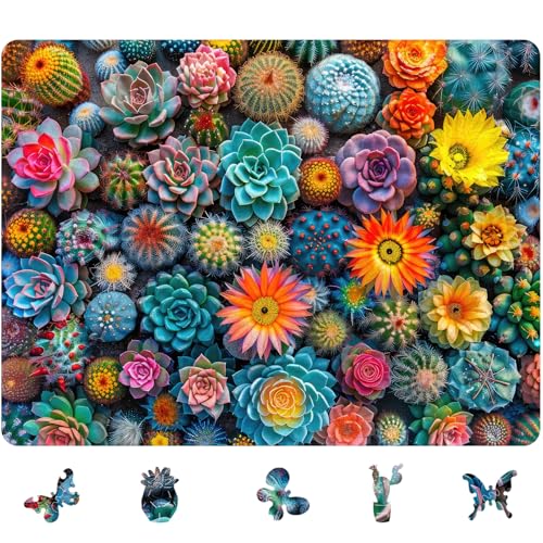 Mys Aurora Puzzles for Adults Cactus World Wooden Puzzles 300 Pieces Unique Shaped Succulent Jigsaw Puzzles Birthday for Adults and Kids Fun Family Game 1487 x 112 Medium Size - Image 1