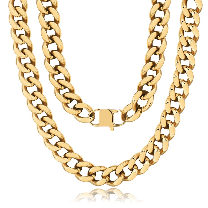 NOKMIT Chunky Cuban Link Curb Chain Necklace for Women Men Dainty 18K Gold Silver Tone Choker Thick Trendy Statement Diamond Cut Punk Hip Hop Cuban Chain Jewelry Gifts Unisex (Gold, 16mm, 18in) - Image 1