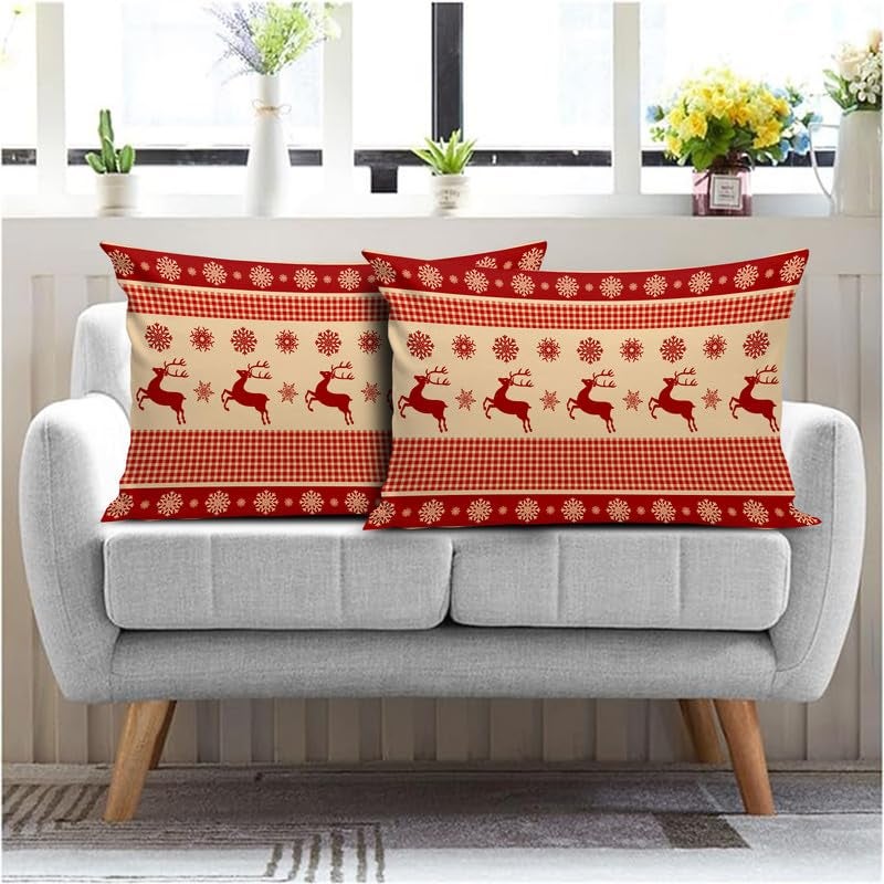 BMRGIFTS Jute Fabric Designer Decorative Printed Merry Christmas Theme Pillow Cover Xmas Decorations for Sofa Living Bed Room Set of 2, 12x18 inch Multi (CHMPC51) - Image 2