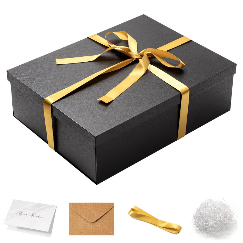 Mefleet 17x13x5 Inches Large Gift Box with Lid for Presents 1 Pack Big Deep Black Gift Boxes for Christmas, Birthday, Valentine's Day,Mother's Day Presents - Contains Crinkle Paper,Ribbon and Card - Image 1