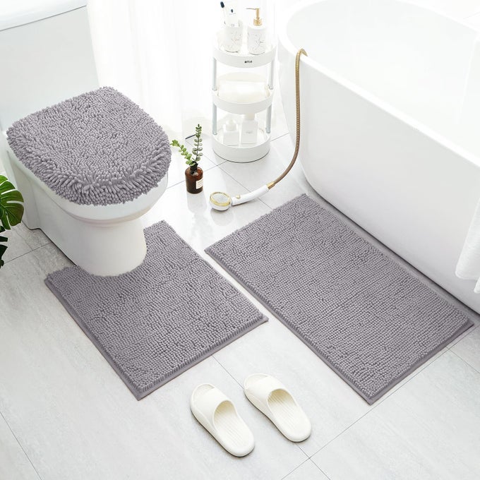 GREY BATHROOM RUGS SETS 3 PIECE WITH TOILET LID COVER NON SLIP EXTRA ABSORBENT PLUSH CHENILLE SOFT WASHABLE BATH MATS