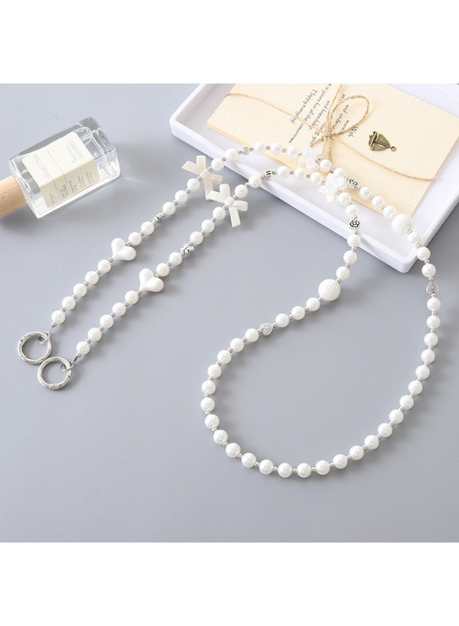 NIBEMINENT Beaded Phone Lanyard, Anti Lost Removable Wrist Strap,Pearl Heart Bow Bracelet Pendant, Phone Keychain Lanyard