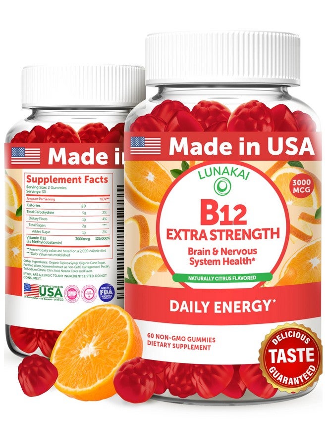 Lunakai Extra Strength 3000mcg Vitamin B12 Gummies - USA Made, Delicious Daily Energy & Metabolism Support - Vegan B12 Methylcobalamin Supplement 60ct - Image 1