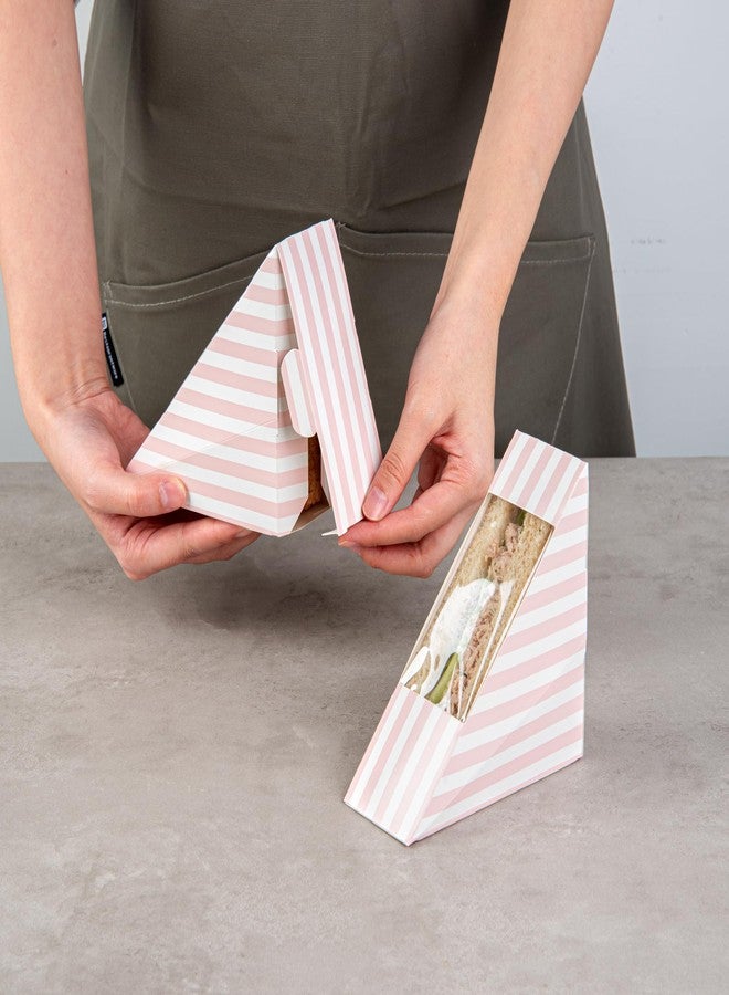 Restaurantware صندوق ساندويتش صغير من ورق مخطط باللونين الوردي والأبيض من كافيه فيجن مثلث - 4 3/4" × 4 3/4" × 2" - Image 2